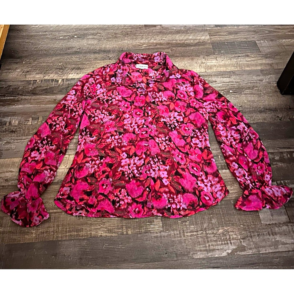 Steve Madden Pink Floral Chiffon Blouse Collared Long Sleeve Button-Down M